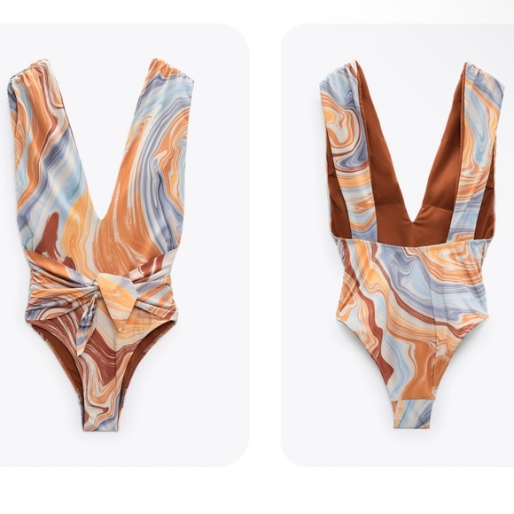 Zara Other - Zara Marble-Print One-Piece Swimsuit in Brown, Blue & Cream